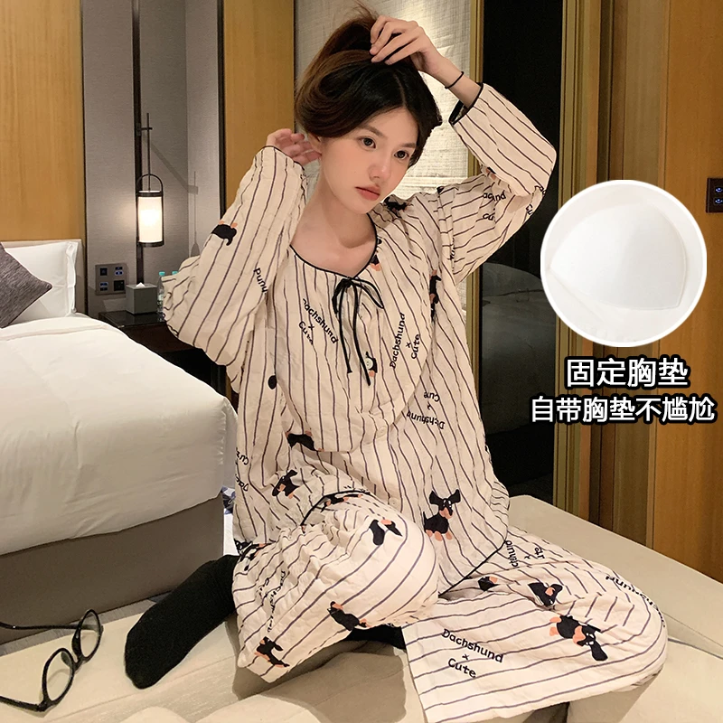 睡衣女春秋季长袖长裤2025年新款爆款带胸垫学生纯欲风家居服套装