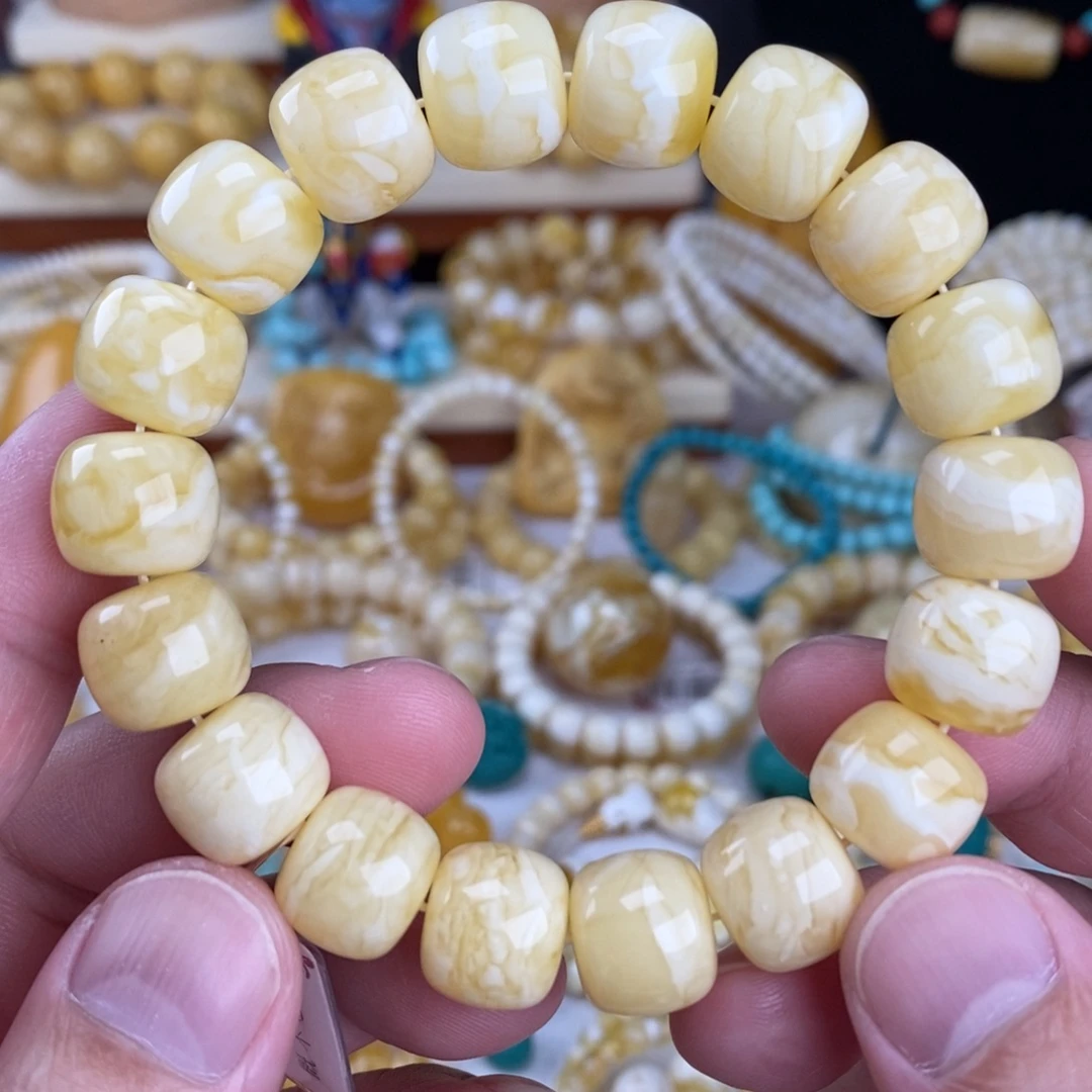 蜜蜡未镶嵌手链瓷白虎皮纹白底蜡实13.8mm