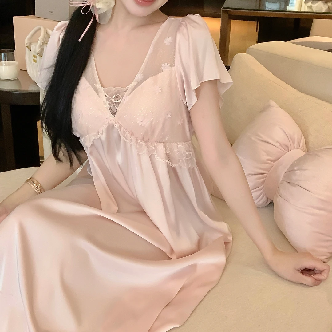 睡裙夏季冰丝薄款短袖高级感法式蕾丝公主风纯欲感带胸垫家居服女