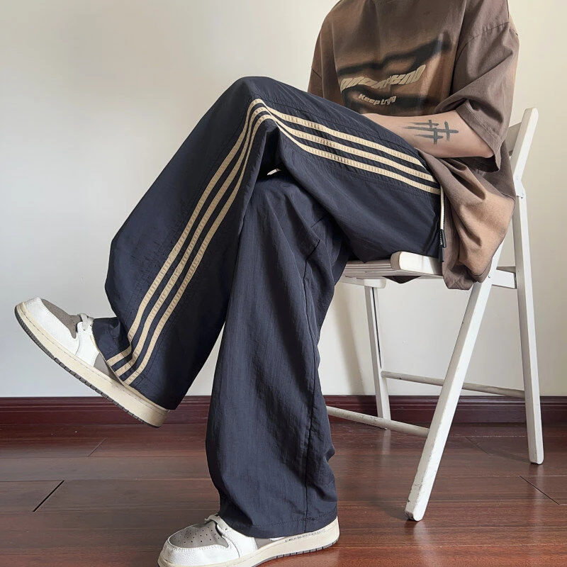 三条杠竖条纹冰丝裤男夏季薄款运动休闲裤美式松紧腰宽松直筒裤子