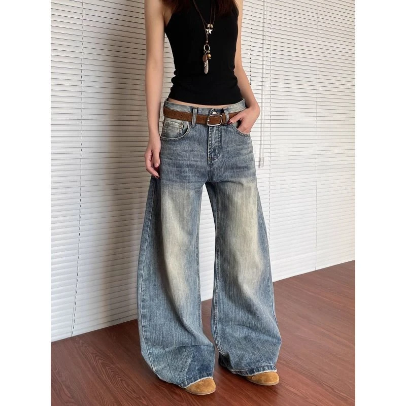 美式复古做旧水洗竹节纹弯刀牛仔裤男女高级感宽松阔腿裤帅气长裤