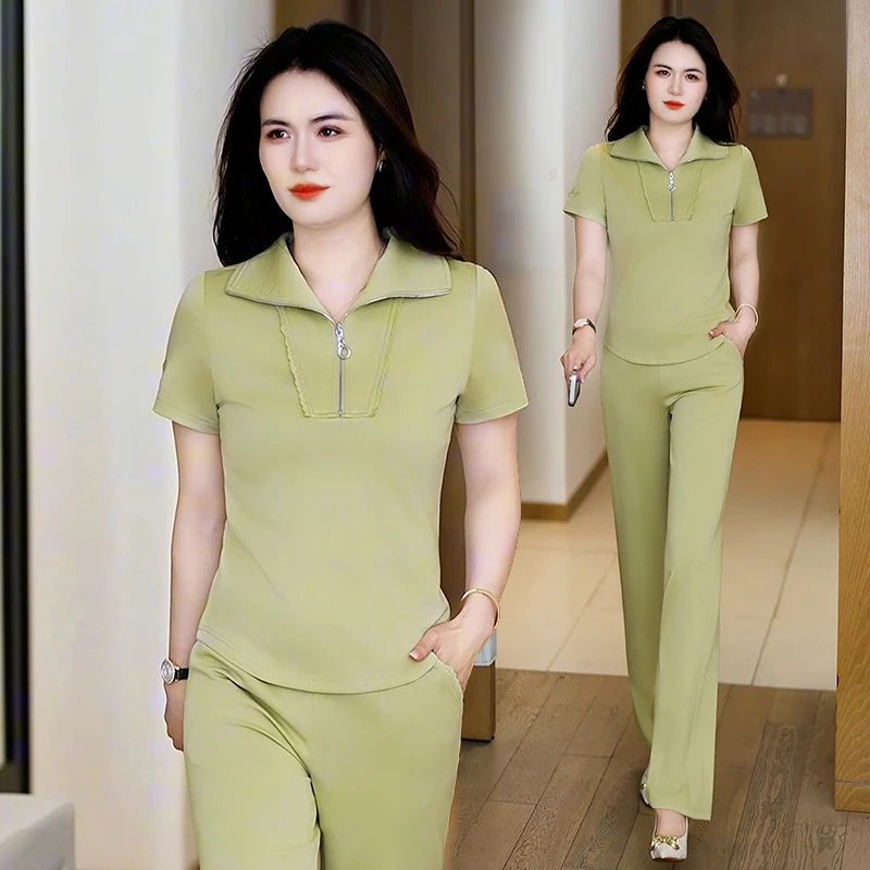 夏季休闲套装时尚翻领宽松气质显瘦减龄短裤长裤运动套装