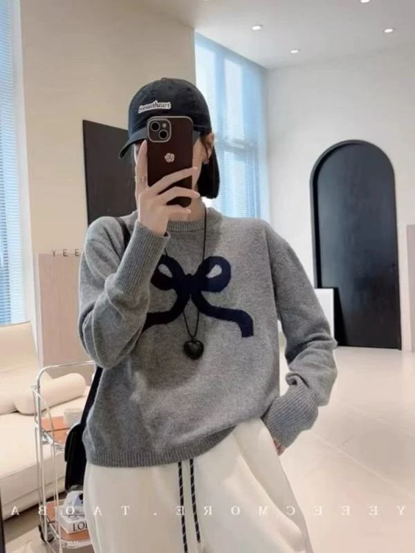 嘉姐家~秋季新款韩版高级灰上衣女针织衫套头长袖蝴蝶结小众(024)