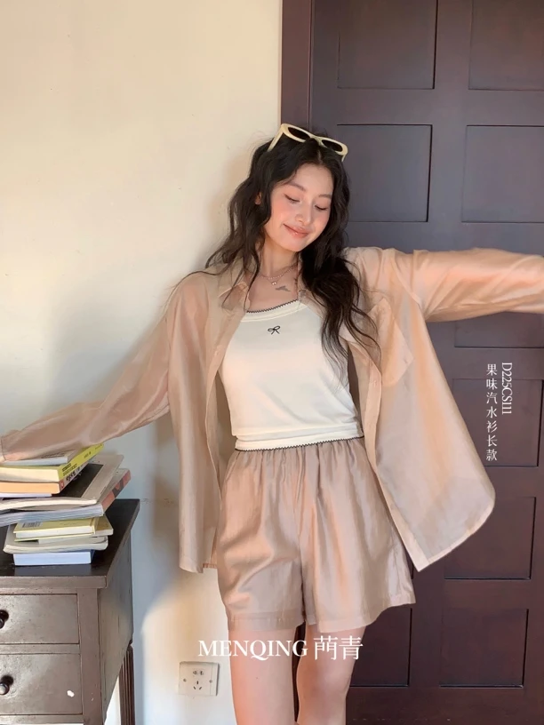 菛青2025早春新款套装果味汽水衬衫短裤2件慵懒风休闲衬衣防晒