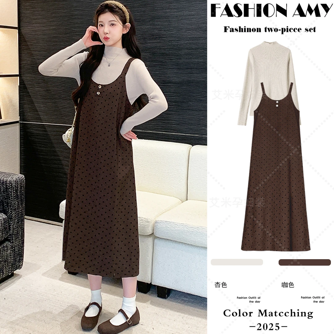 孕妇套装秋装新款时尚韩版半高领针织打底衫显瘦波点吊带连衣裙子