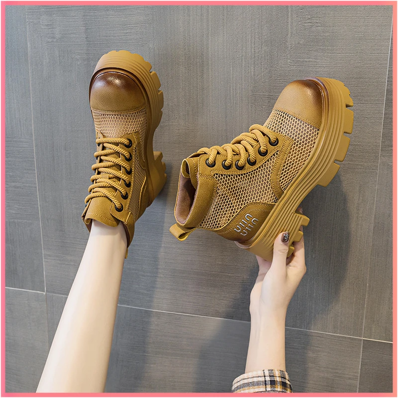 马丁靴女夏厚底透气网复古爆款皮面短筒增高工装靴英伦风百搭网面