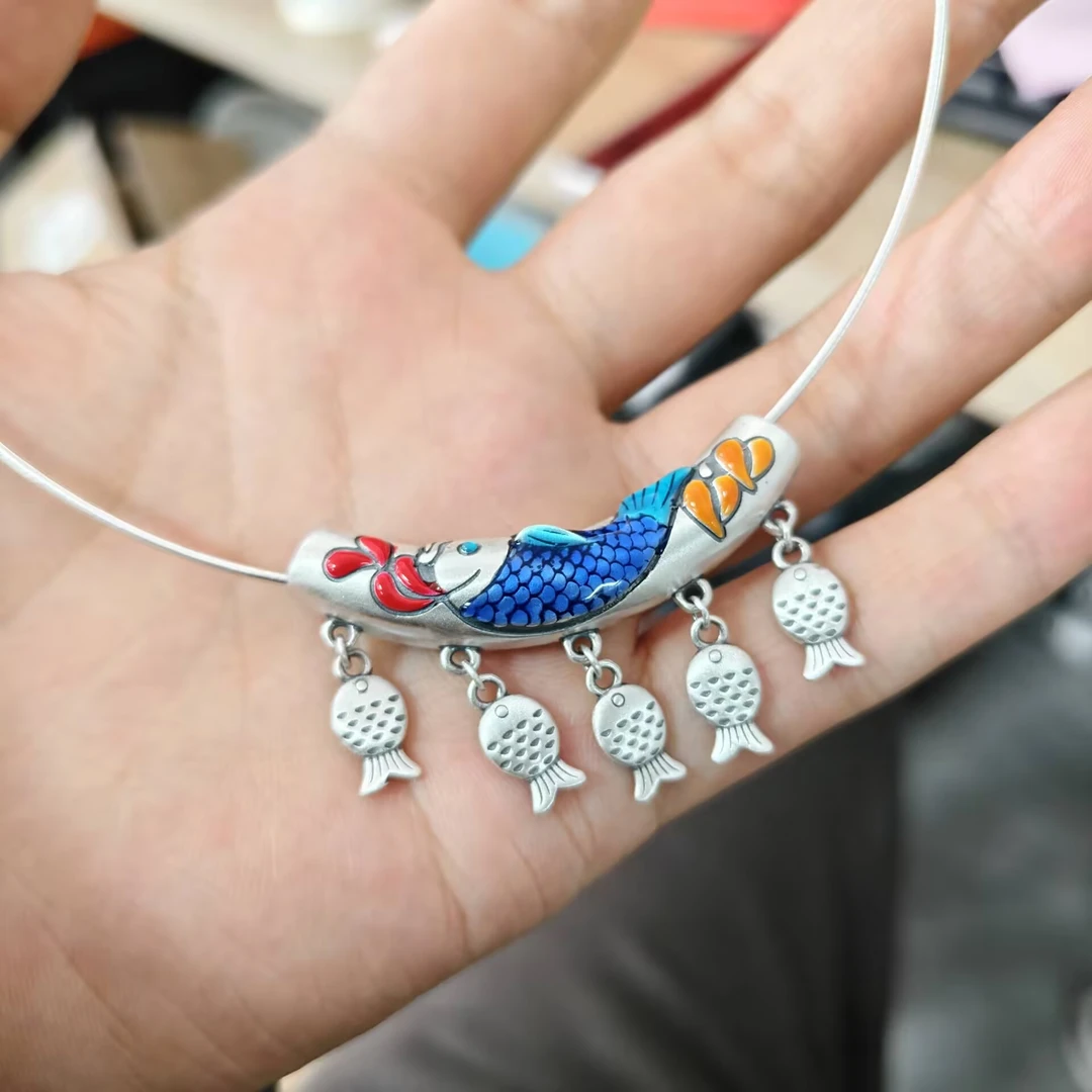 九乐 吊坠足银珐琅 990锦鲤水花鱼多多项圈【项圈925银】