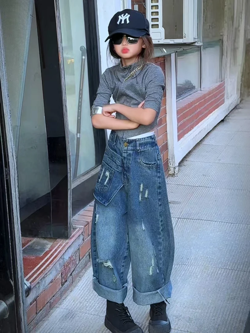 女童套装2025秋新款洋气大童运动外套破洞牛仔裤套装时髦女孩