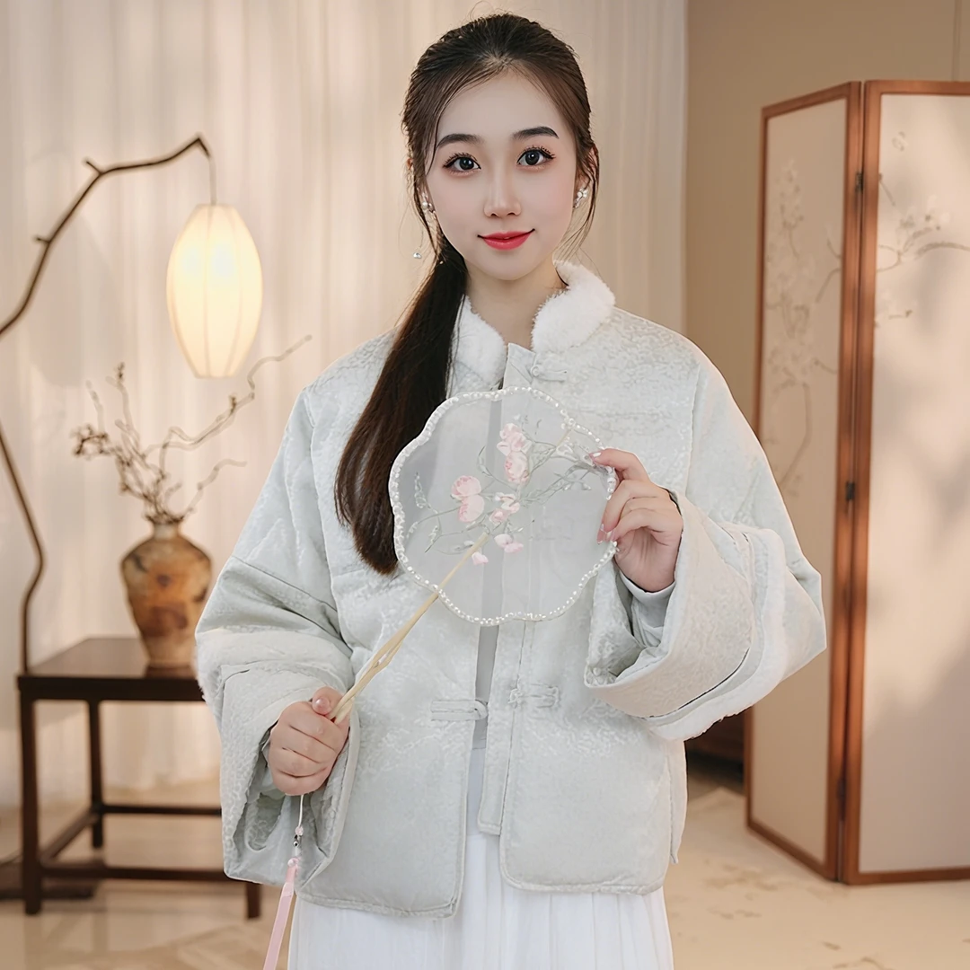 新中式国风白鸭羽绒服女拼接短款气质复古女装冬季立领提花时尚