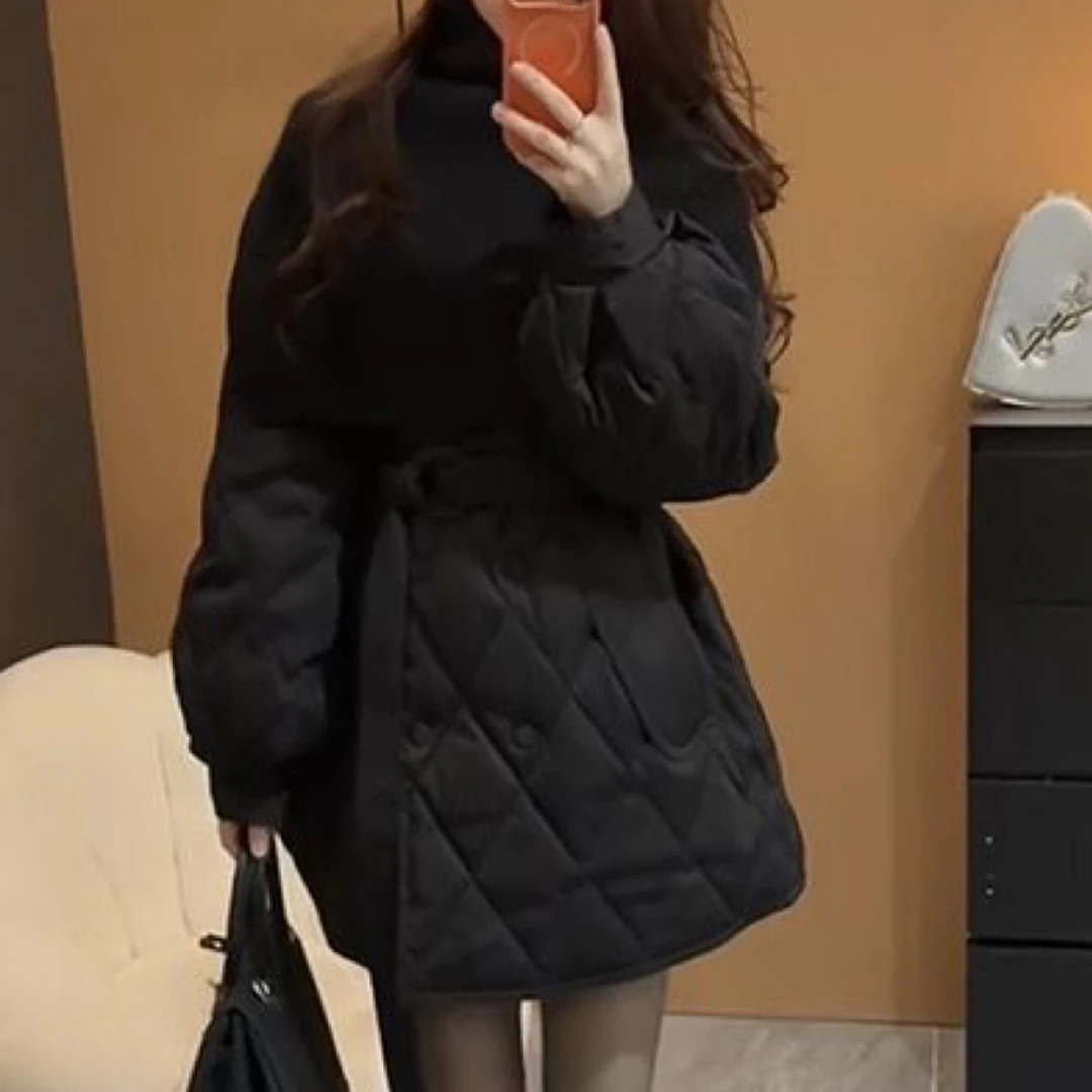 披肩潮菱格纹棉服冬季立领腰系带显瘦百搭