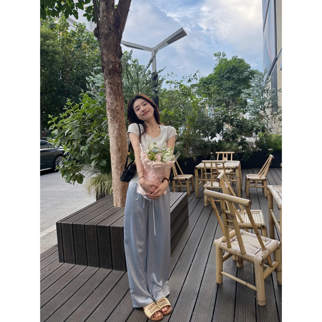 大丫 【凉凉裤】 夏日冰冰凉缎面垂坠感窄版阔腿裤