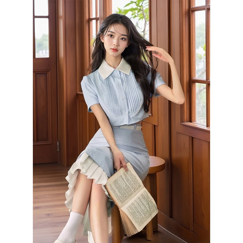 新款小众设计感法式衬衫气质上衣+半身长裙套装女夏季两件套裙子