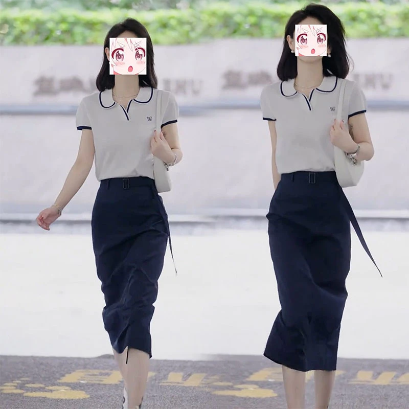 2025年气质夏季撞色翻领显瘦短袖针织衫轻职高腰遮肉包臀半身裙子