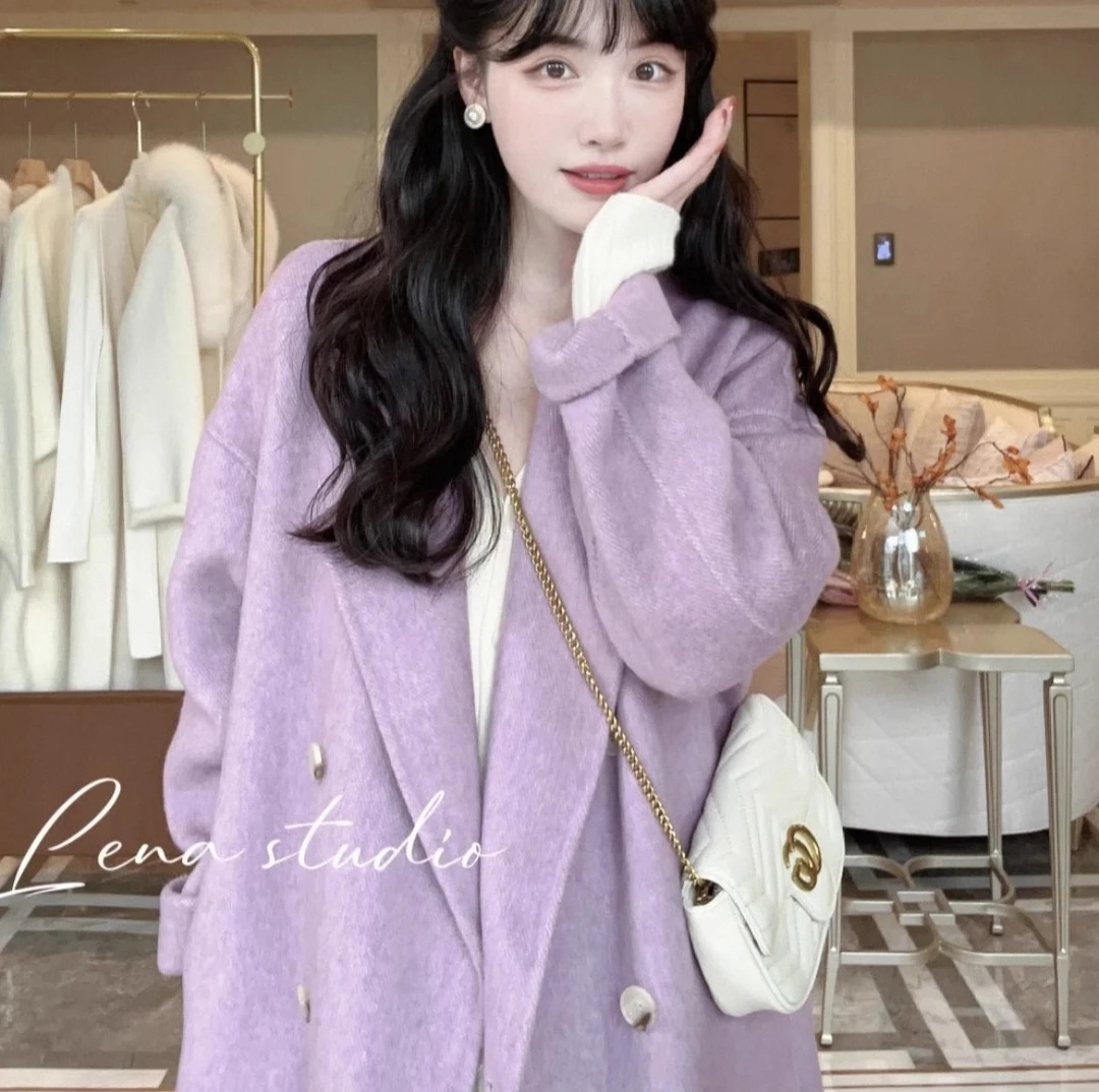 紫色可爱减龄双面羊毛大衣女中长款长毛加厚羊毛呢外套