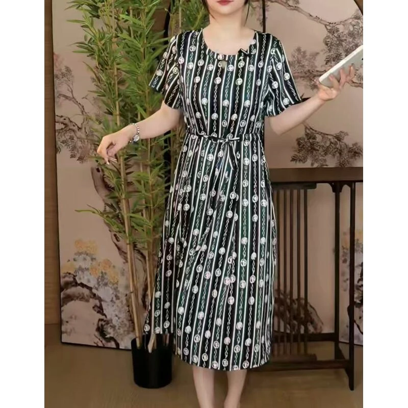 妈妈夏季女装新款高贵收腰连衣裙女人气质短袖裙子显瘦A786