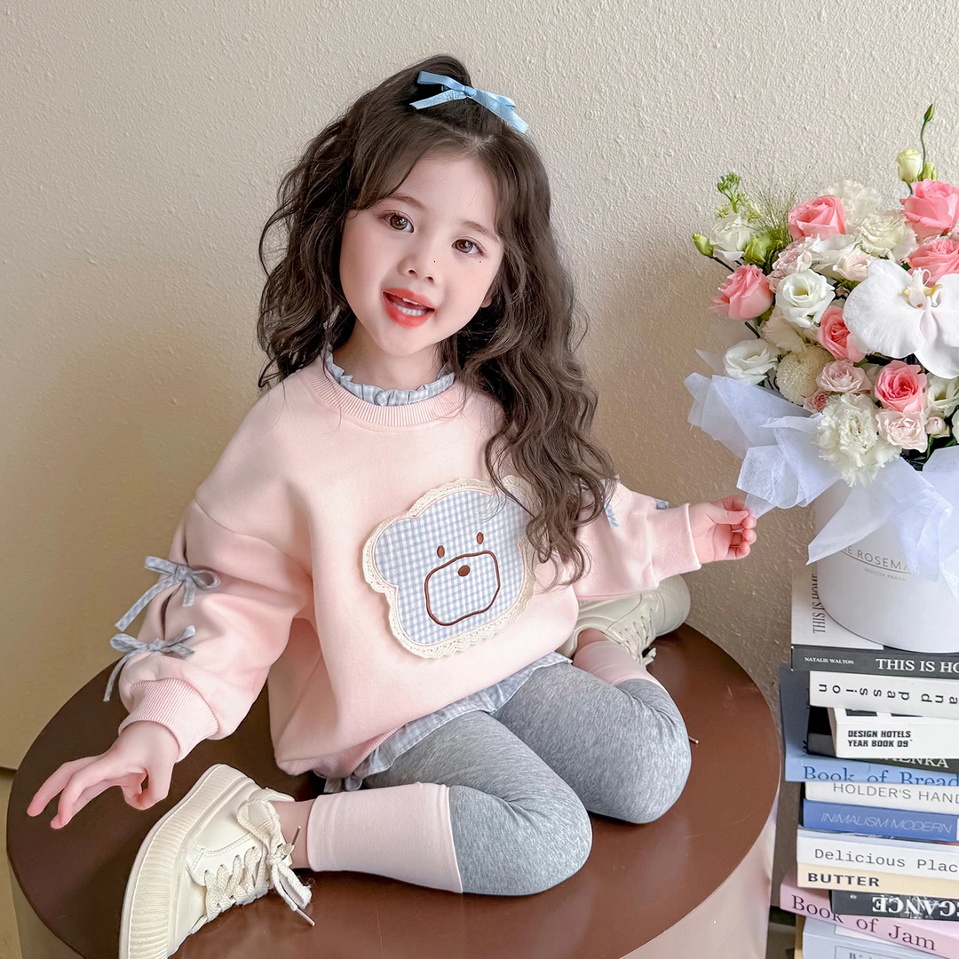 女童秋季2025新款儿童休闲百搭女宝宝可爱风绣花小熊假两件套装