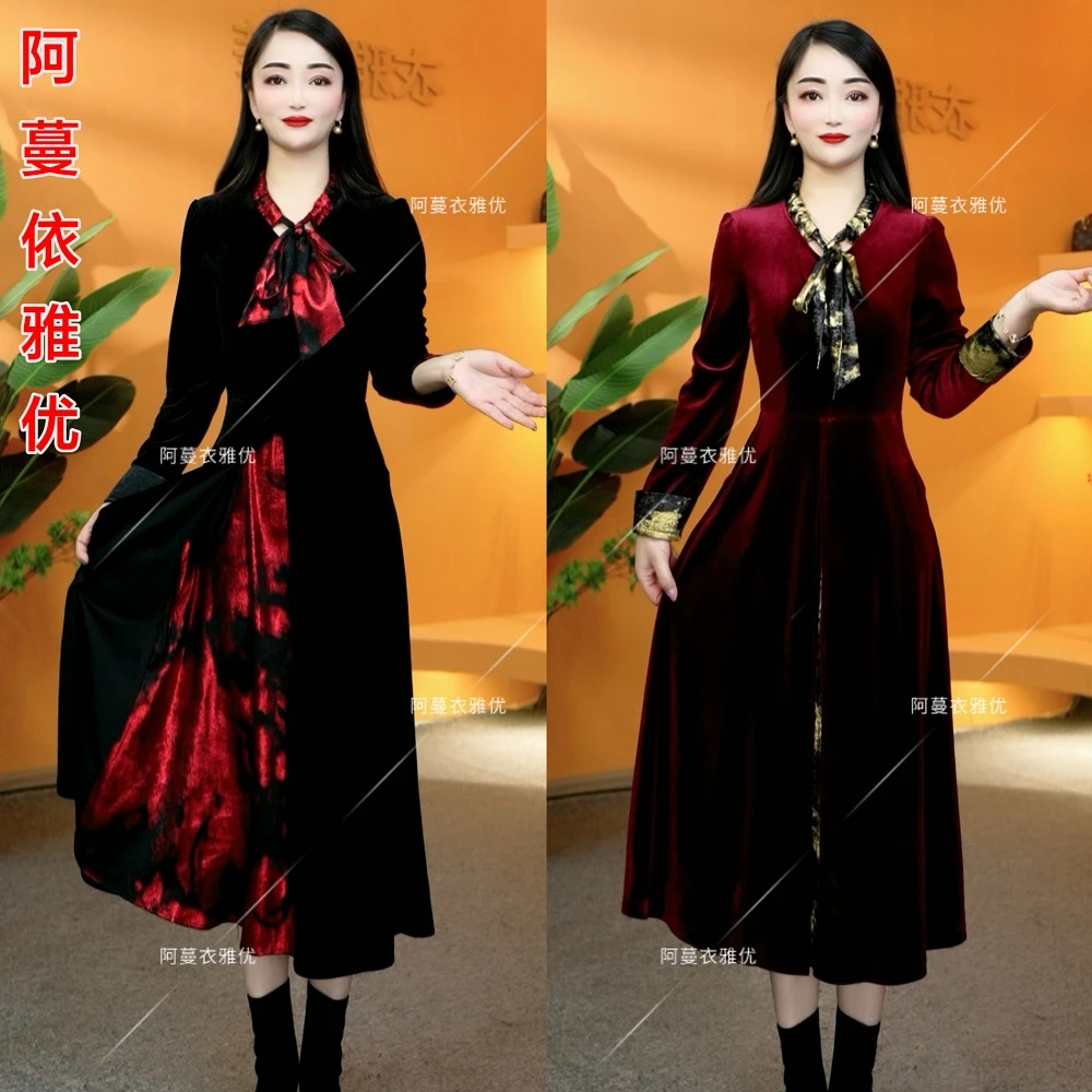 【衣雅严选】8089-1315#新款重磅植绒幻彩琉璃桑丝缎假两件连衣裙