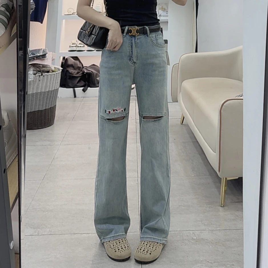 3712新款时尚刺绣破洞牛仔裤（不配腰带）