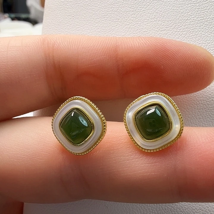 和田玉银S925镶嵌耳饰