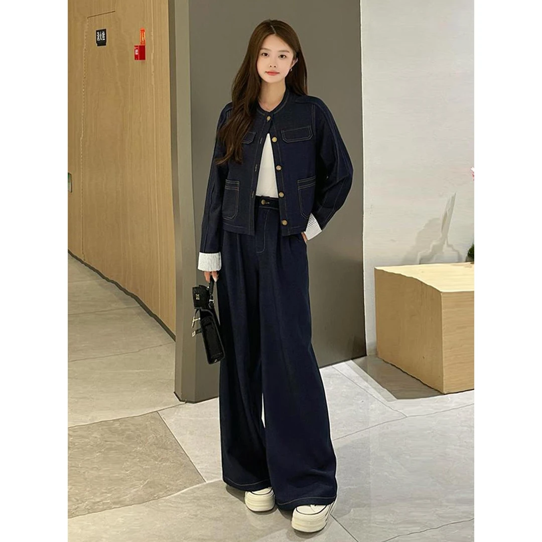 超火高级感复古拼接牛仔外套阔腿裤套装女春秋时尚减龄休闲两件套