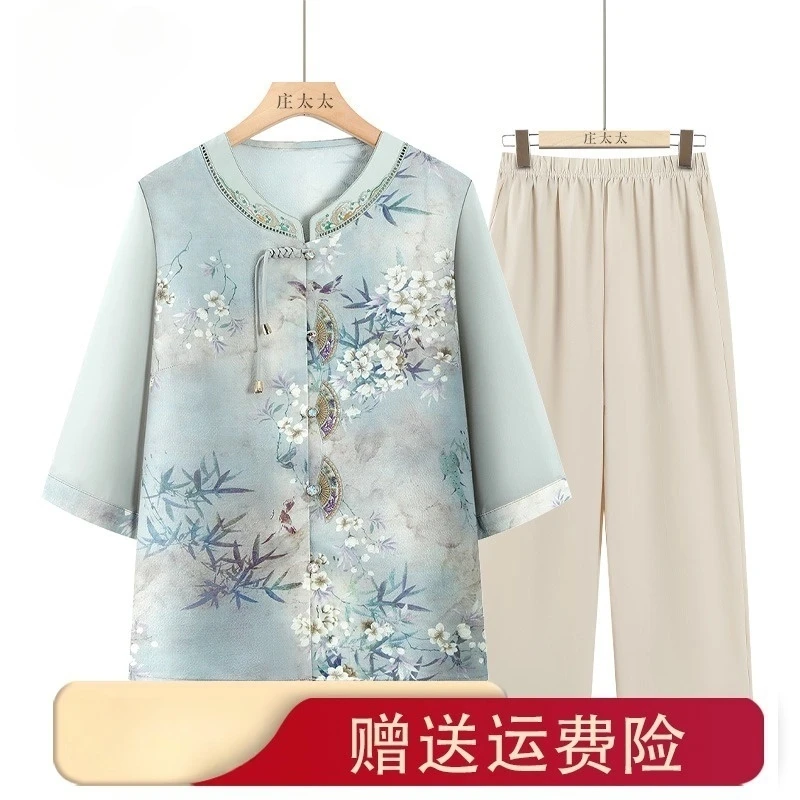 老年人夏季国风衬衫女奶奶七分袖上衣中老年妈妈开衫宽松老人衣服