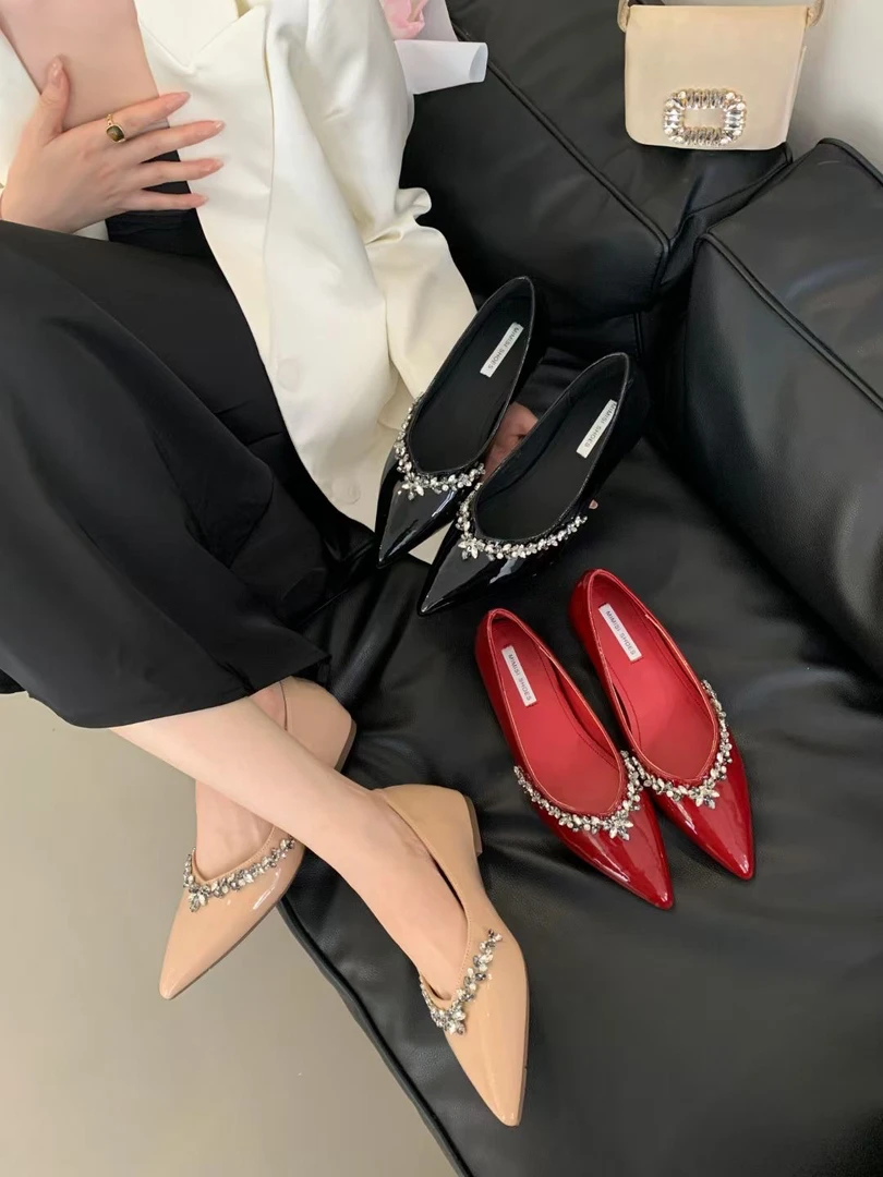 内增高百搭浅口韩版时尚AL水钻尖头单鞋方头法式漆皮气质时尚软底