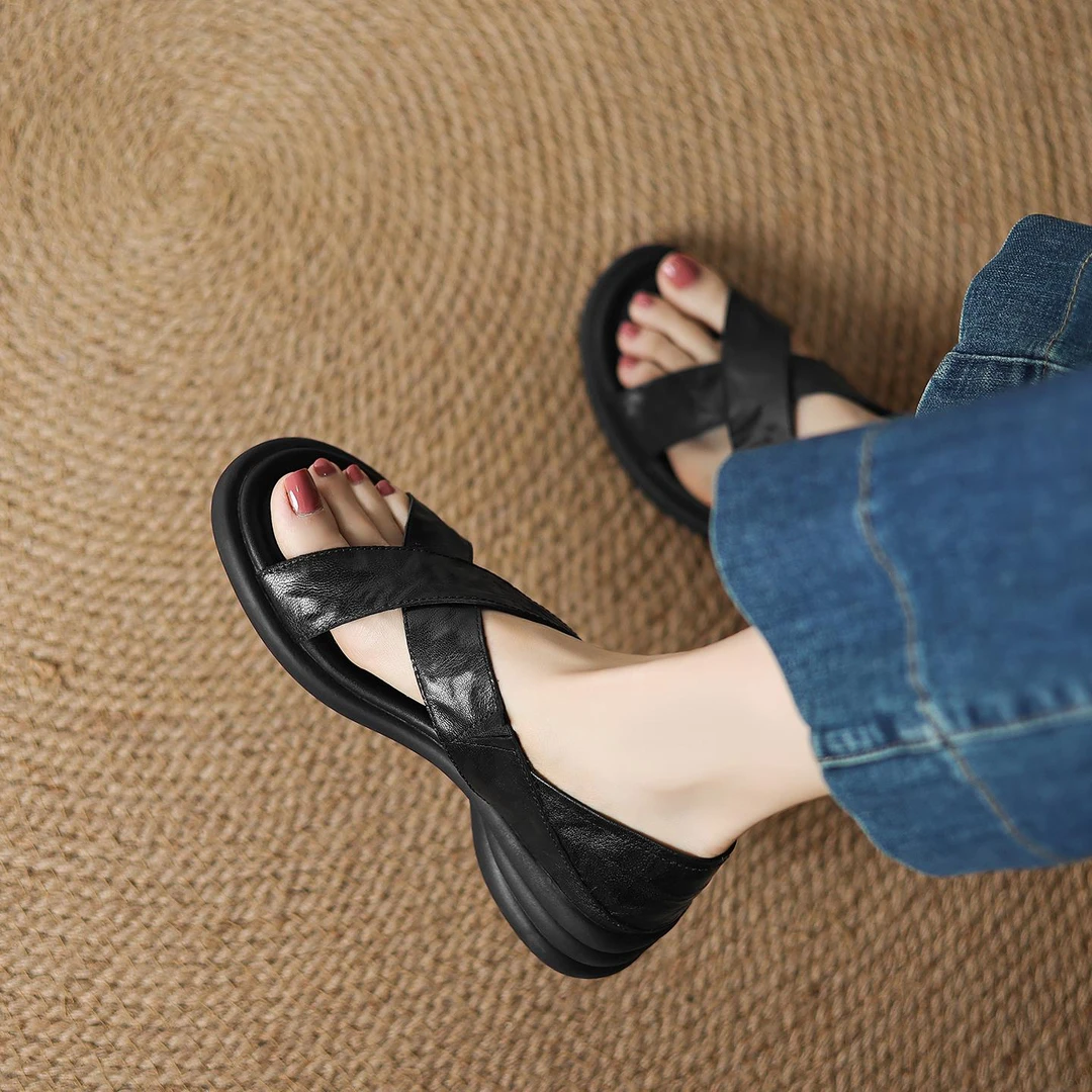 一鞋两穿~ 圆头交叉带露趾凉鞋女夏法式中粗跟凉拖