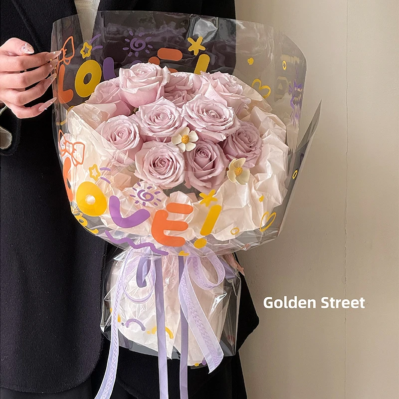 夏日缤纷彩色opp膜加厚玻璃纸鲜花包装纸花艺diy材料英文包花纸