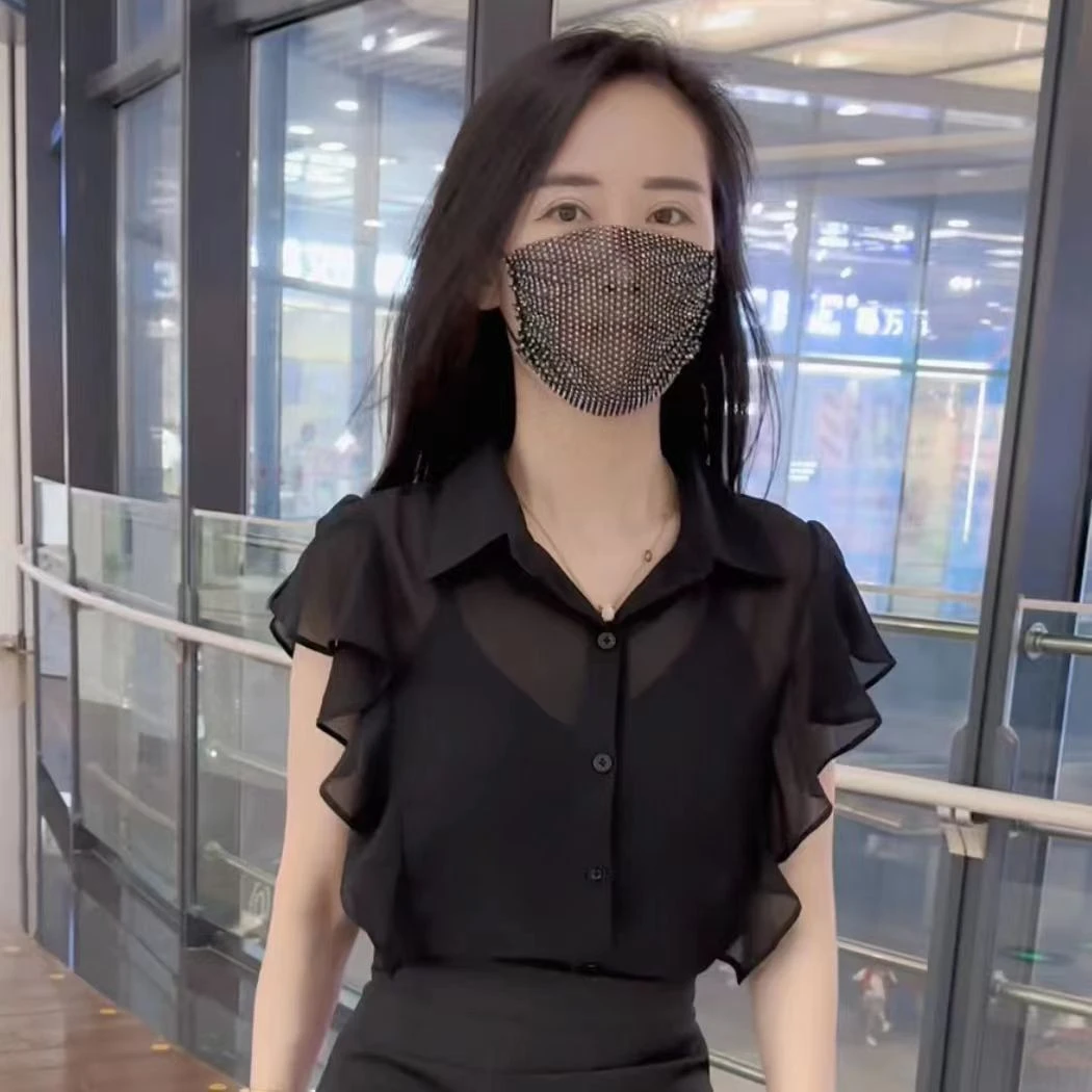 法式名媛木耳边拼接领飞飞袖衬衫女2025夏季新款纯欲风上衣潮