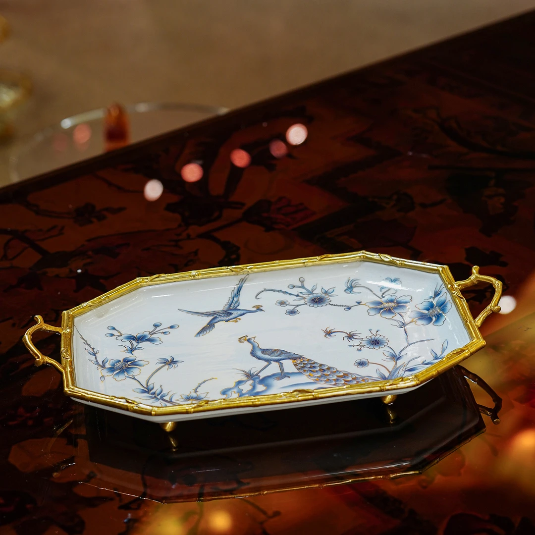 【本尼家】SS98瓷镶铜装饰双耳长方碟摆件