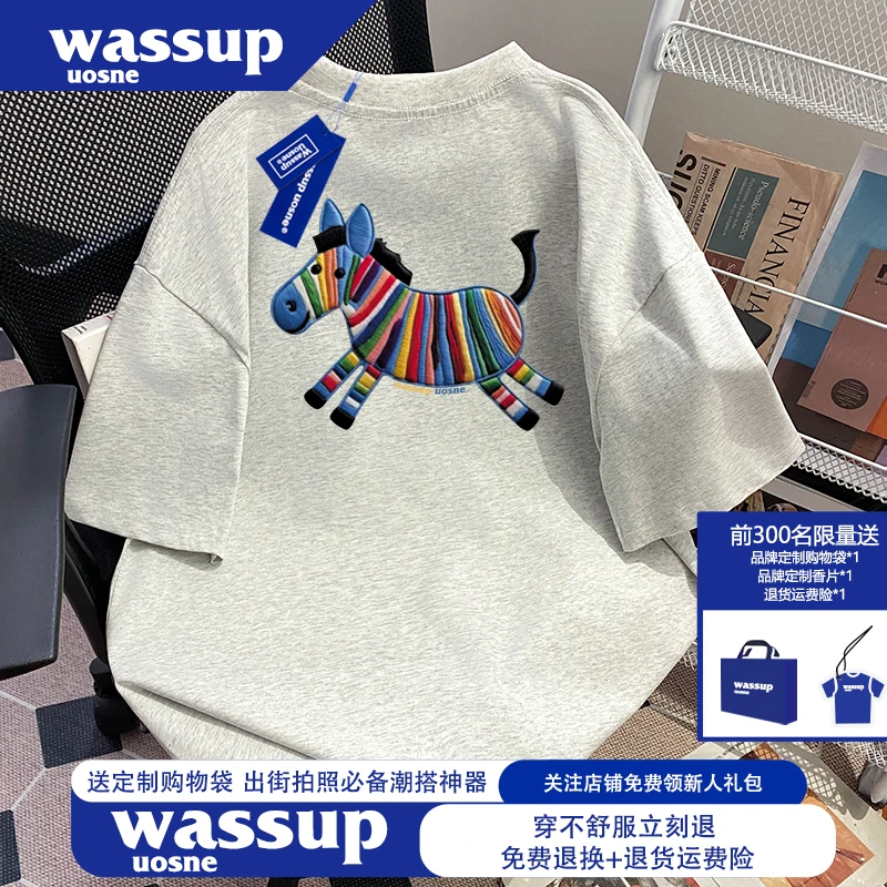 WASSUP UOSNE国潮牌美式纯棉短袖t恤夏季男女款彩虹小马印花半袖