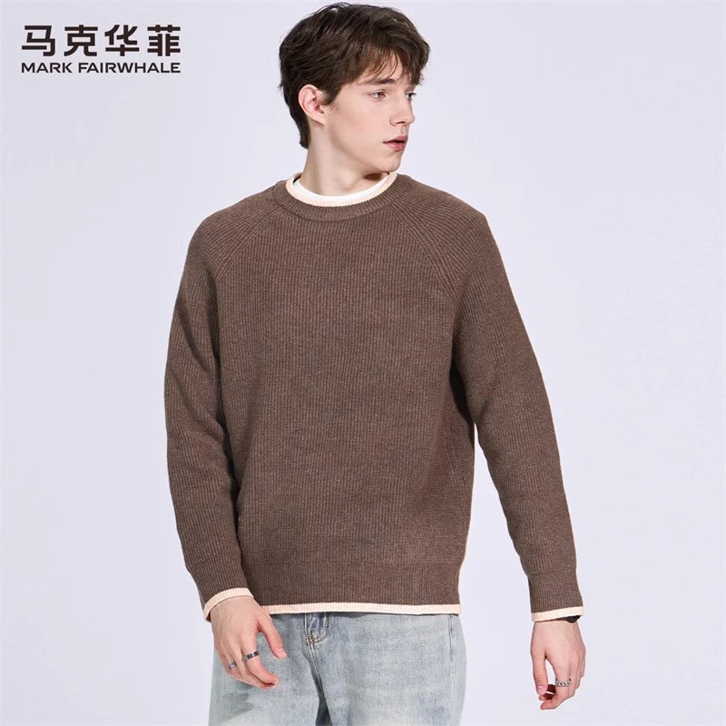 【重磅】马克华菲加厚圆领毛衣男2025秋冬新款刺绣撞色保暖针织衫