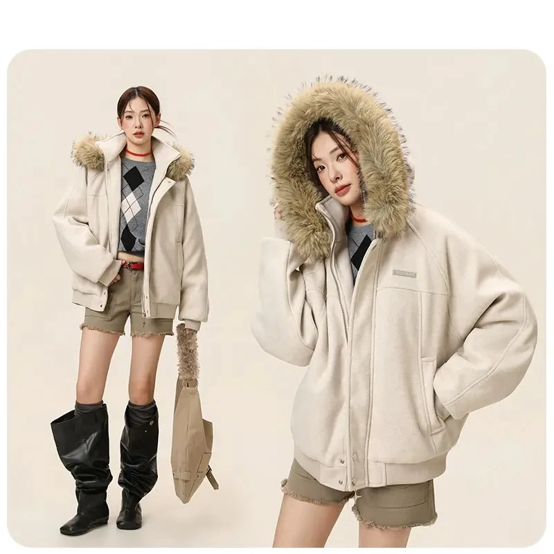 【座山雕毛领连帽】百搭休闲毛呢拼接秋冬棉服保暖情侣款上衣外套