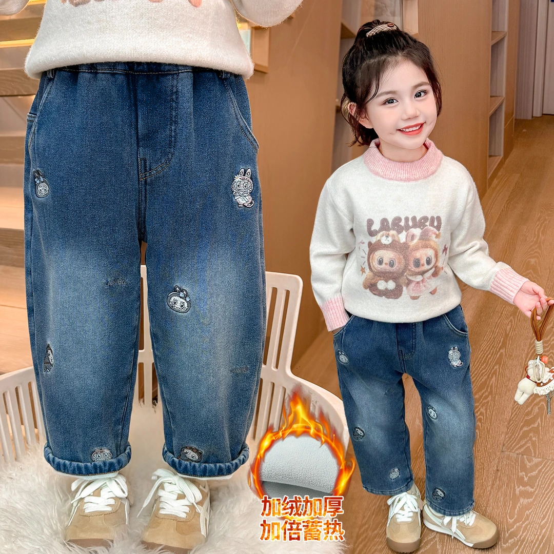 女童绣花加绒牛仔裤儿童洋气加厚裤子时髦女宝宝一体绒休闲裤韩版