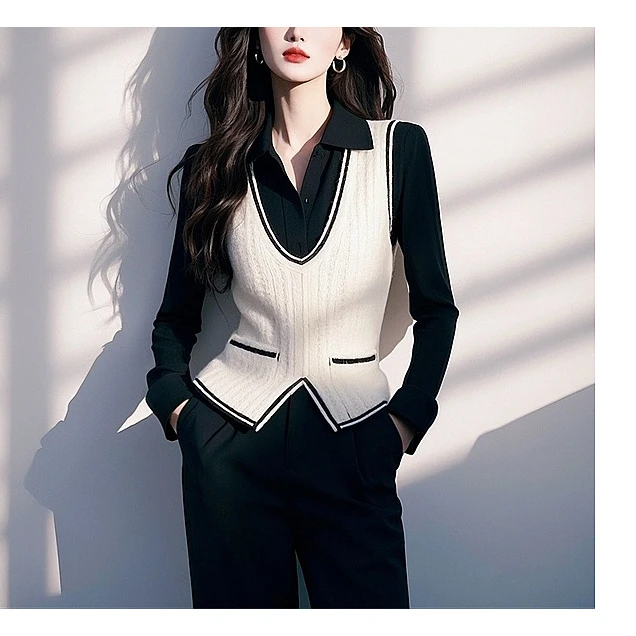 2025春今年爆款假两件白色针织衫拼接衬衫女款早春新款内搭打底衫