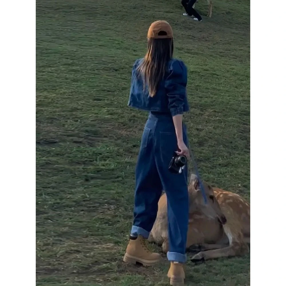 秋季2025新款高级感盐系泡泡袖短款外套哈伦牛仔裤时尚牛仔套装女