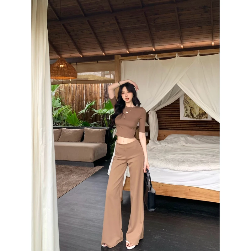 圆领气质修身显瘦中袖短上衣百搭显瘦直筒阔腿长裤休闲套装女夏季