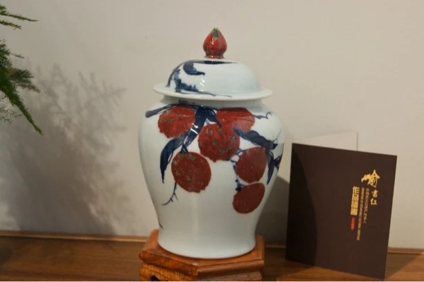 易炎窑原创手工手绘气窑烧釉下高温原矿青花釉里红将军醒茶罐半斤