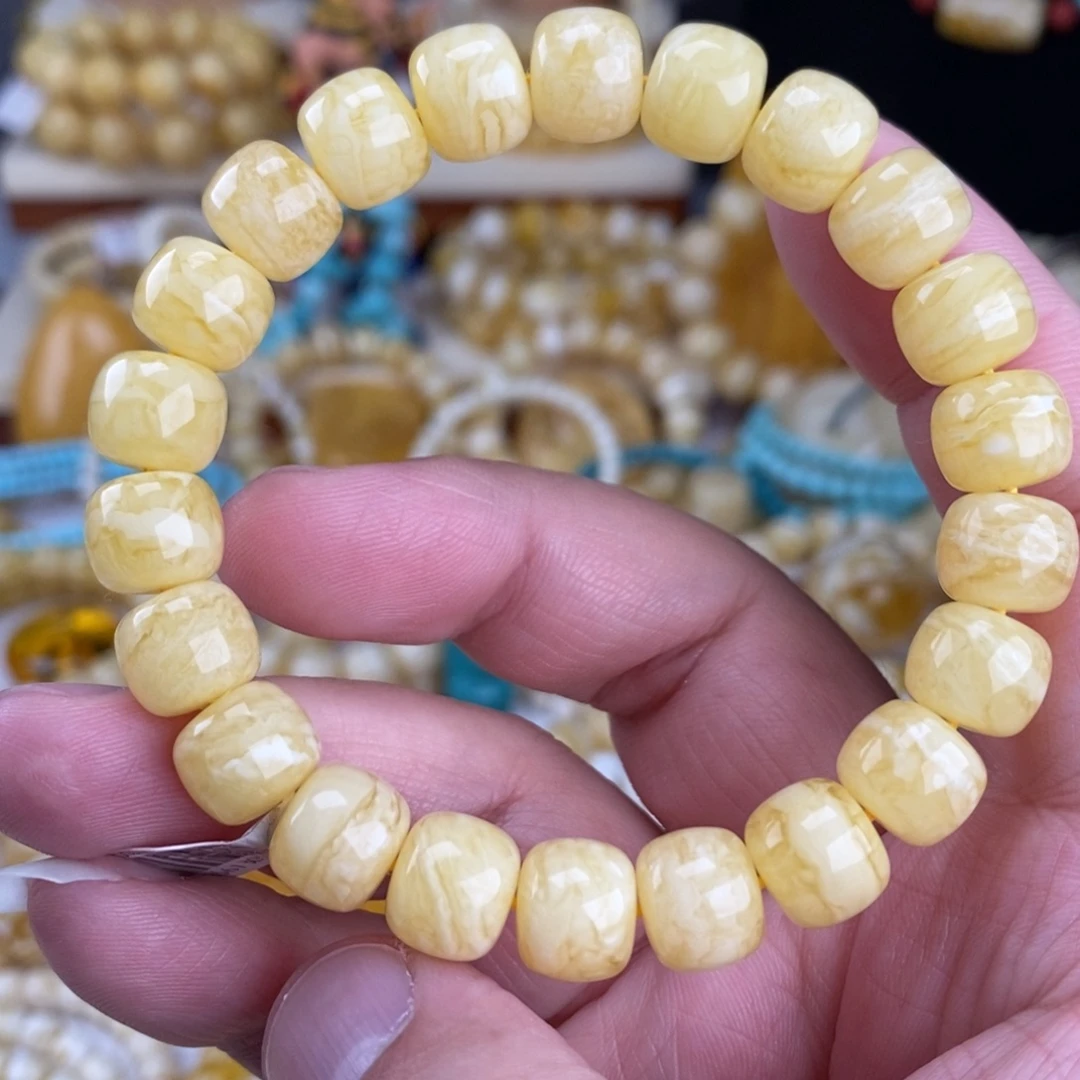 蜜蜡未镶嵌手链瓷白细纹黄底虎皮纹10.8mm