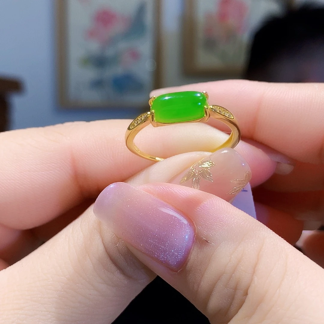 和田玉（碧玉）戒指银S925镀金镶嵌