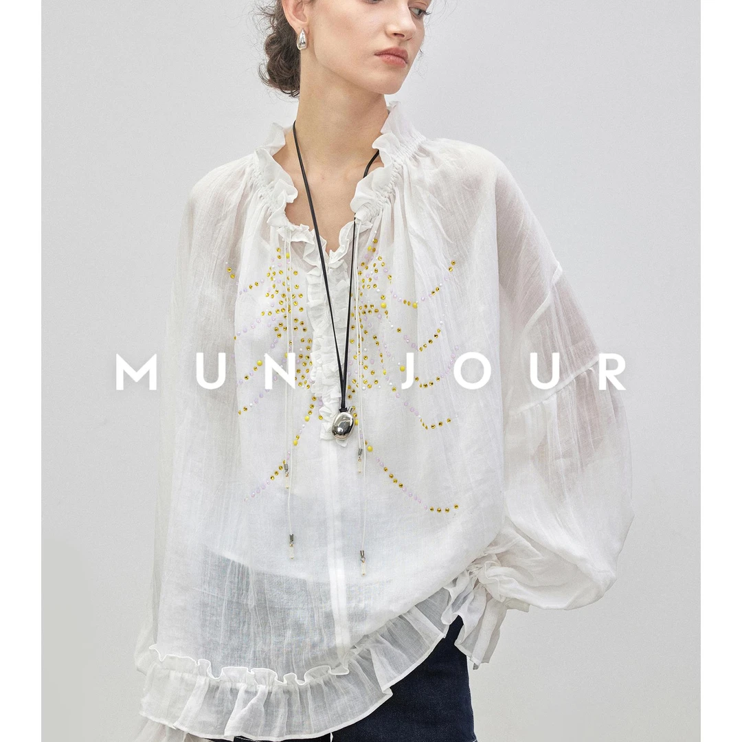 【达人专属】抗皱苎麻天丝肌理感 仙气荷叶边烫钻微透防晒衬衫