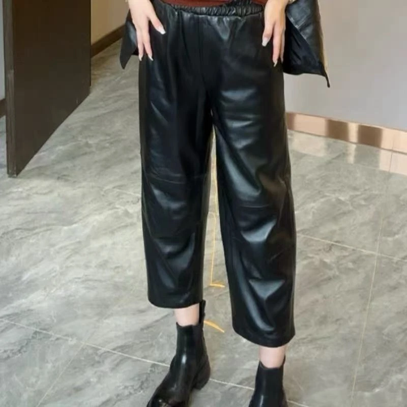 《刘夫人推荐》欧货2025新款真皮时尚显瘦阔腿裤皮裤女绵羊皮九分裤