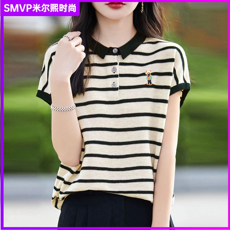 1大码条纹翻领冰丝短袖T恤女夏季宽松小熊刺绣上衣薄针织小衫l