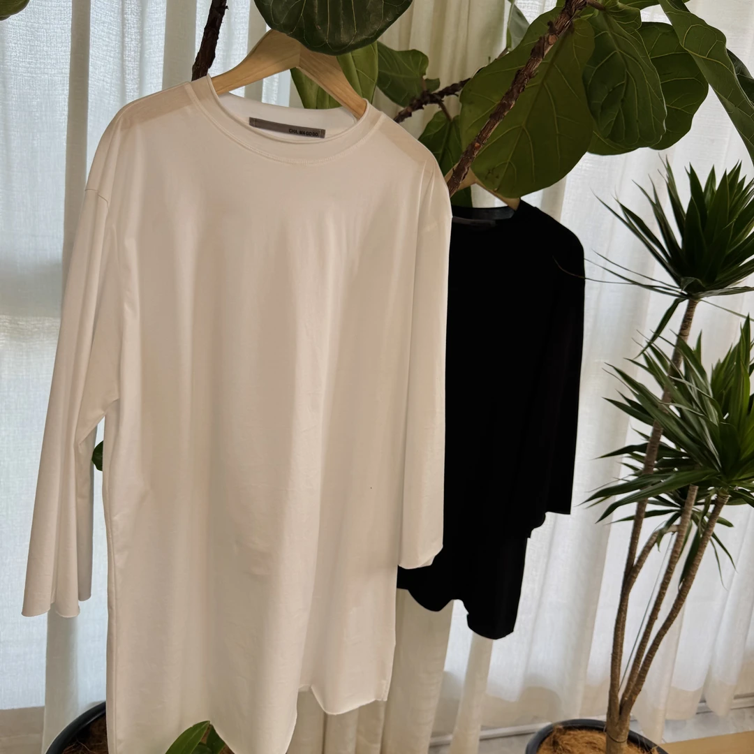 Yun Shen-「初秋微透卷边」秋百搭显瘦七分袖宽松匹马棉T恤0224-CG