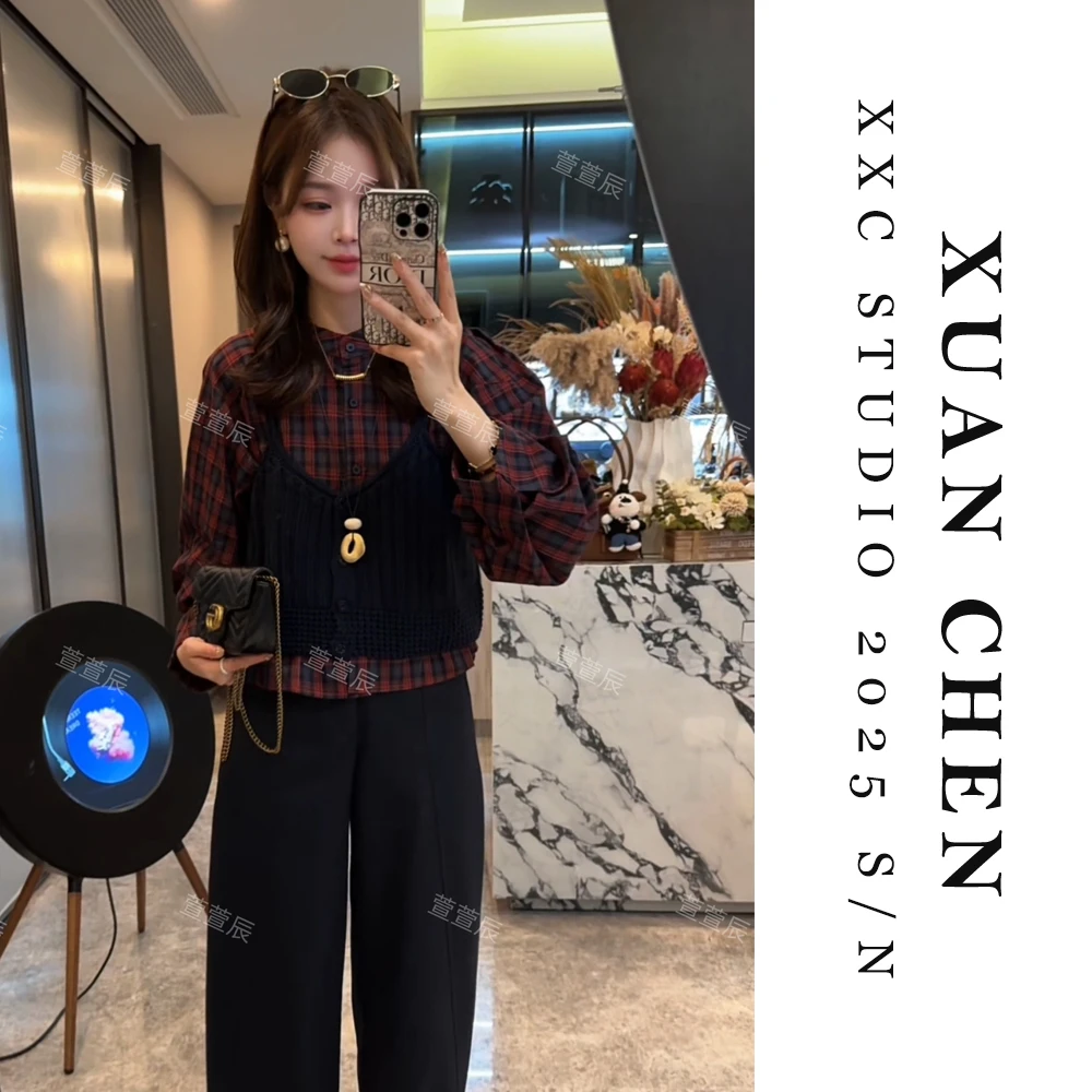 【不拘一格】秋装女款爆款2025新款格子衬衫+针织马甲两件套#8792
