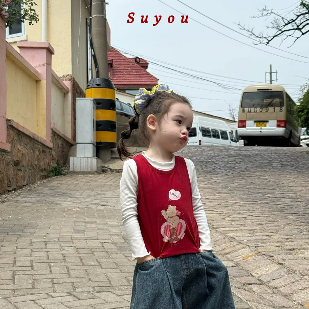 苏右2025秋季新款女童儿童两件套上衣牛仔裤套装中小童