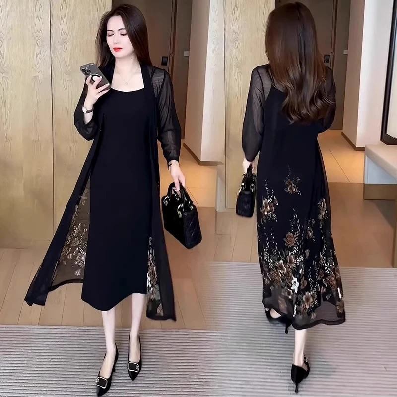 2025夏新款贵夫人妈妈装套装女洋气减龄防晒外披吊带连衣裙两件套