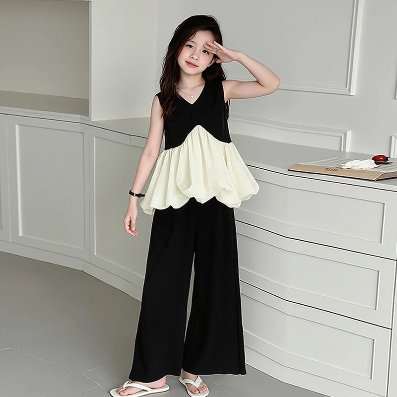 女童夏季法式拼接V领无袖马甲套装2025新款时尚百搭九分裤两件套