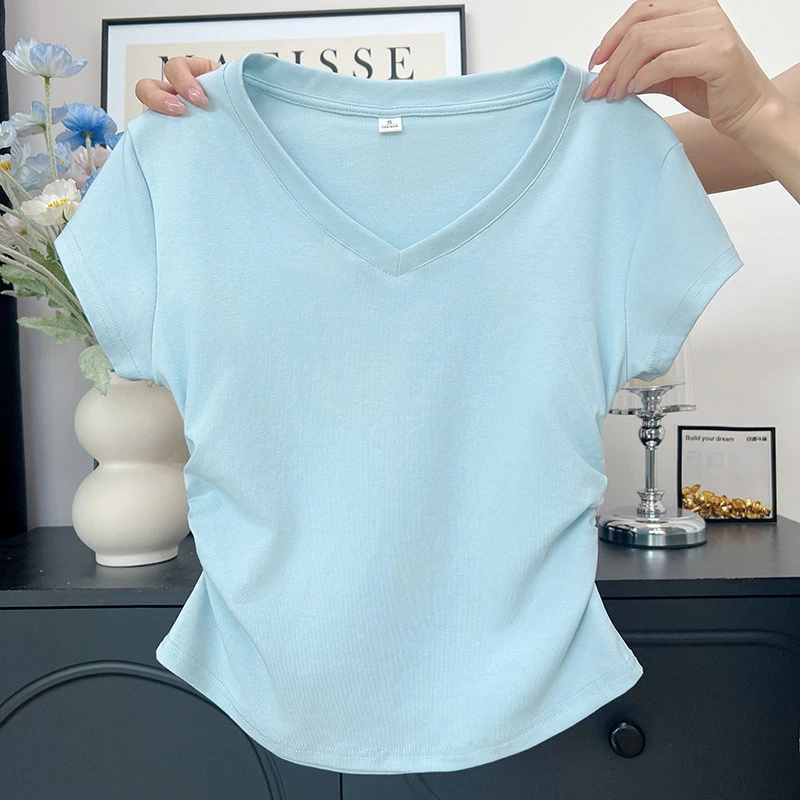 V领正肩T恤女夏季薄款打皱收腰修身显瘦上衣辣妹设计感短袖