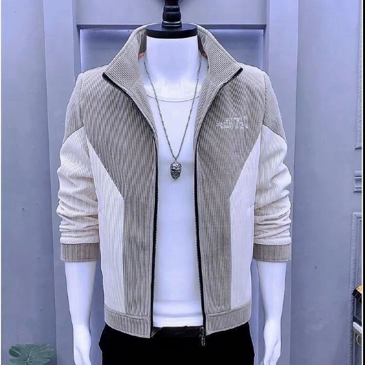 新款春秋夹克韩版修身立领拼接灯芯绒外套男装潮流休闲男士春秋款